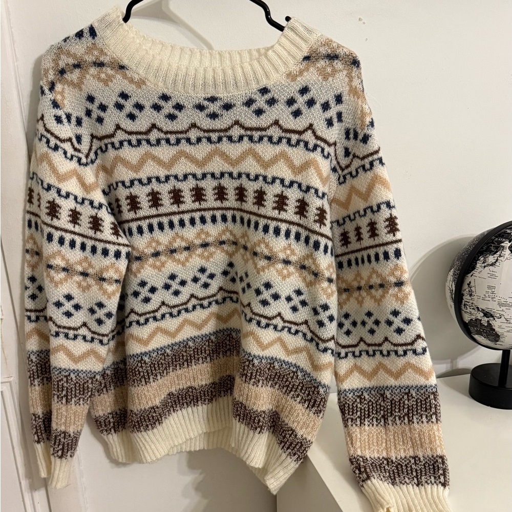 SHEIN Cream and Brown Crew Neck Sweater with Nordic Pattern